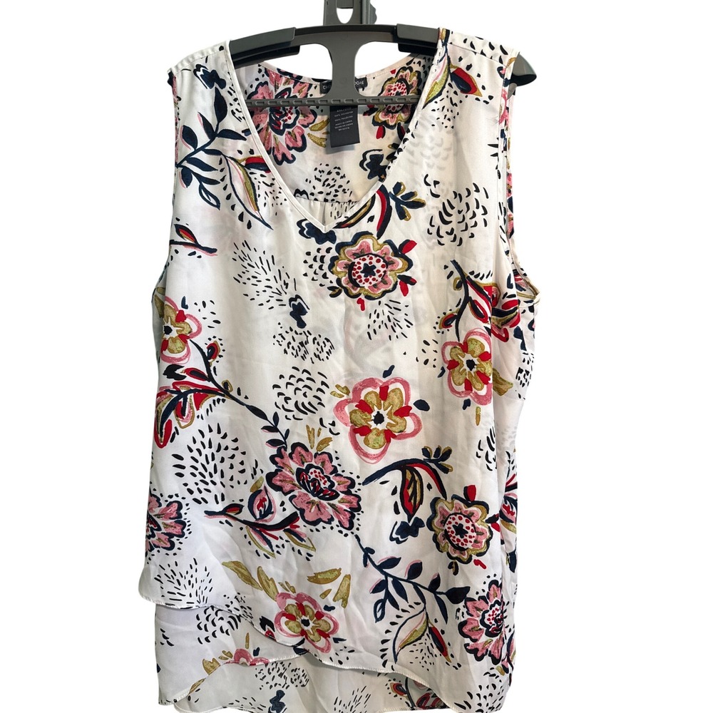Chelsea & Theodore Womens XXL Floral V-Neck Sleeveless Layered Blouse White Red